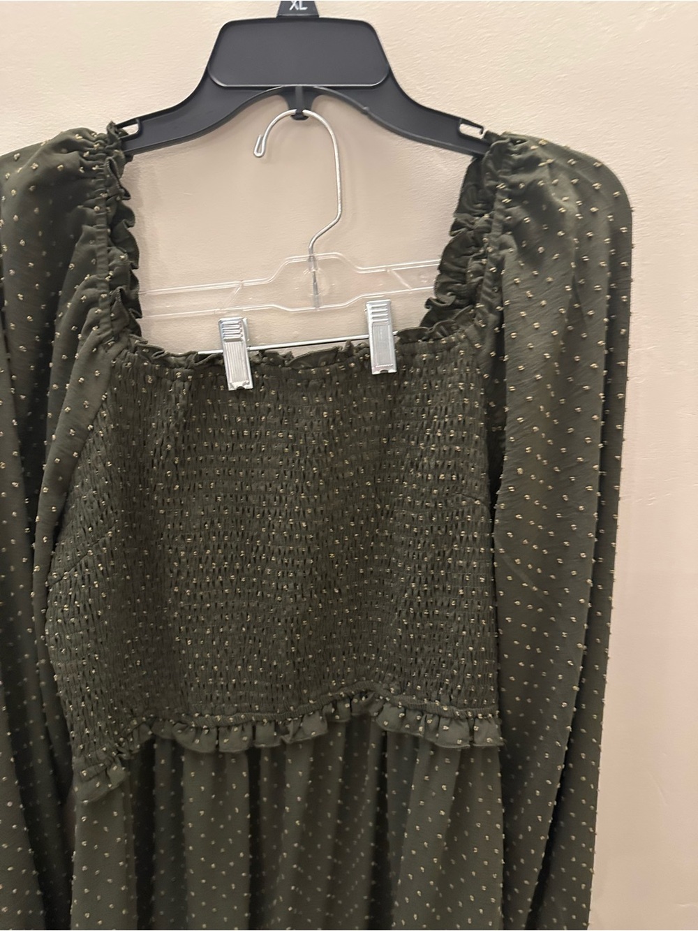 Olive Green Long Sleeve Maxi Dress - Smocked Bodice - Picture 7 of 7
